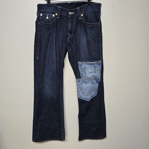 True Religion Mens Knee‎ Patchwork Bootcut With Flap Dark Wash Denim Jeans Sz 34